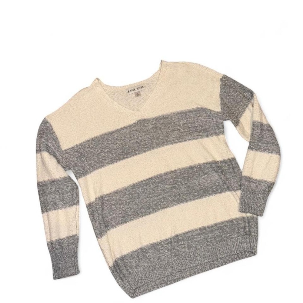 Cream/Gray‎ Striped V-Neck Sweater Ladies Small